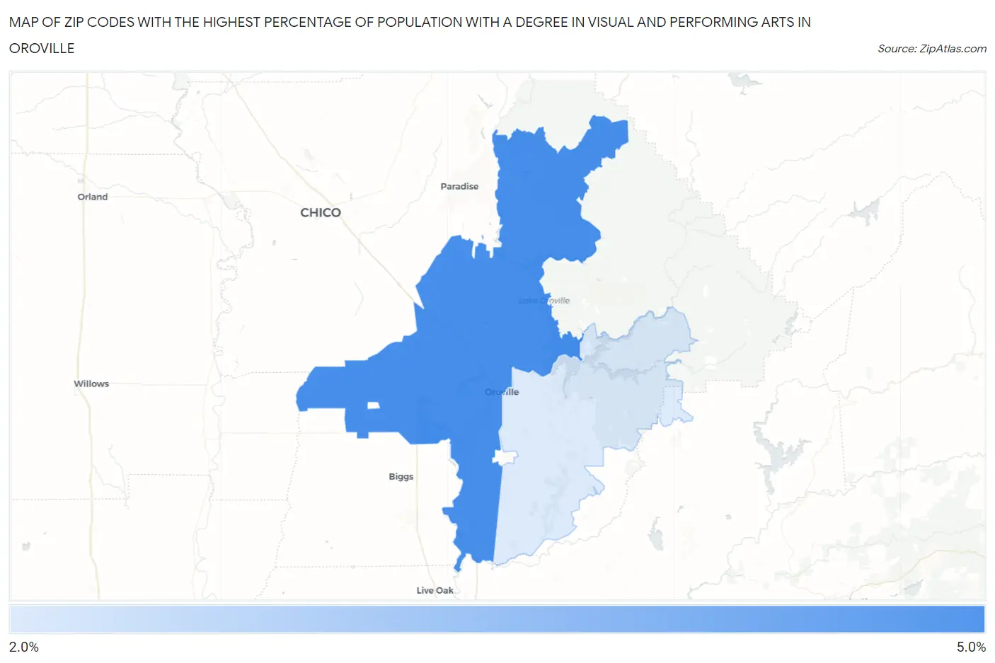 Zip Codes with the Highest Percentage of Population with a Degree in Visual and Performing Arts in Oroville Map