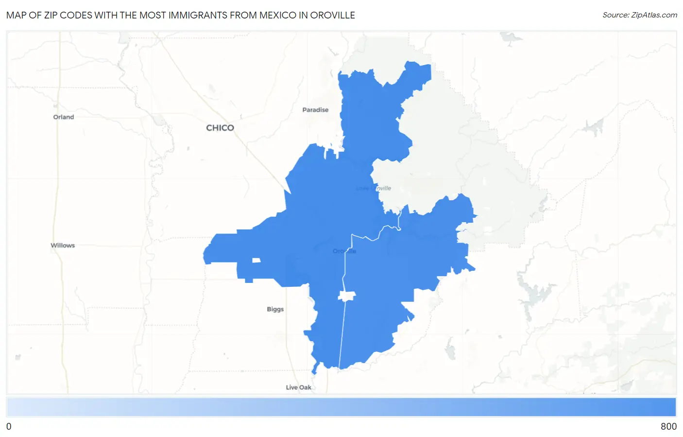 Zip Codes with the Most Immigrants from Mexico in Oroville Map
