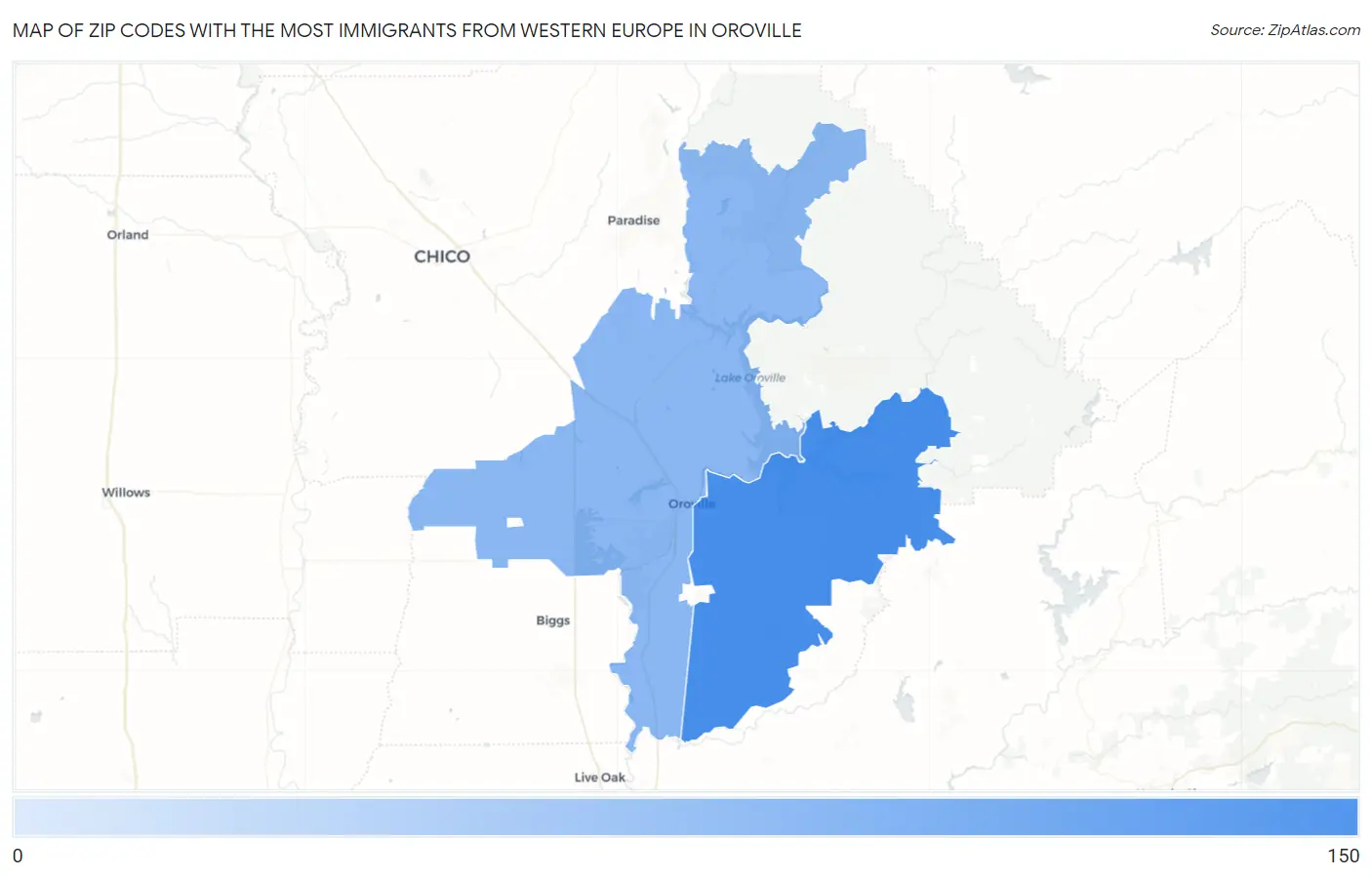 Zip Codes with the Most Immigrants from Western Europe in Oroville Map