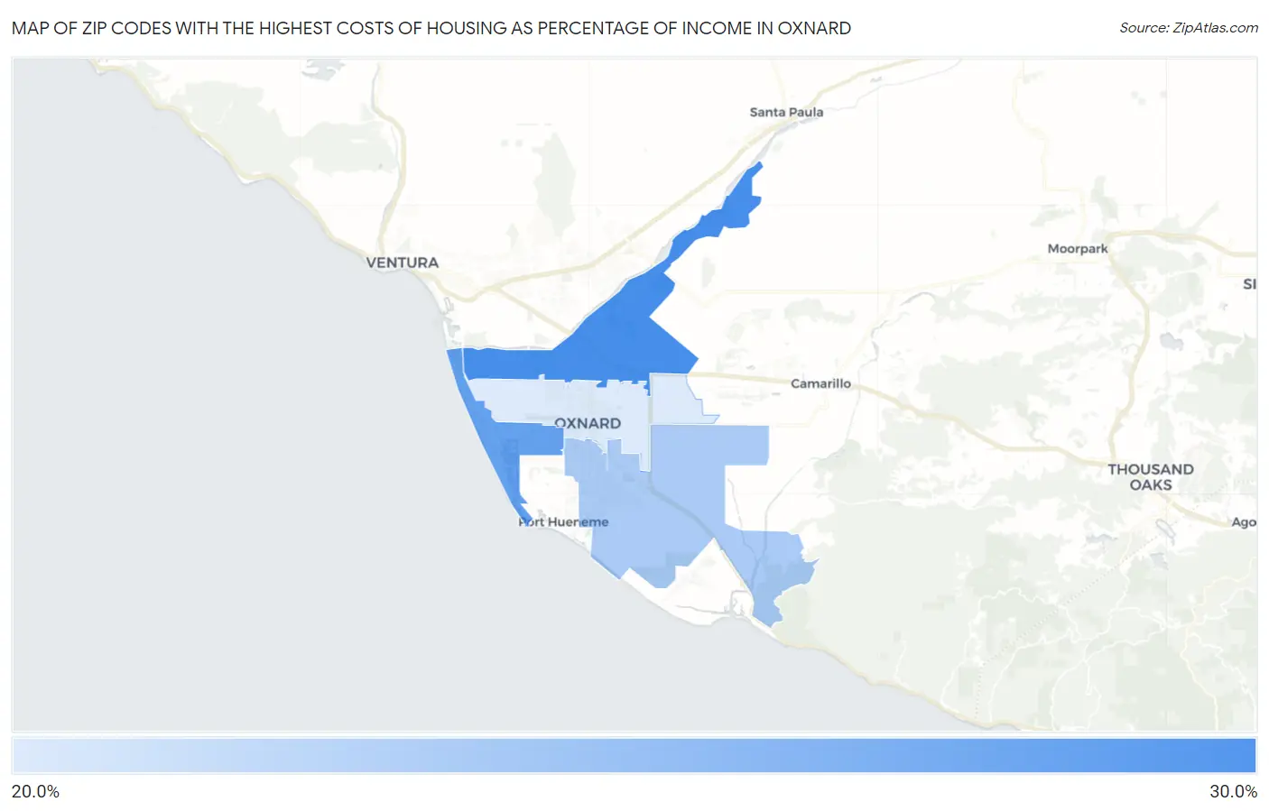 Zip Codes with the Highest Costs of Housing as Percentage of Income in Oxnard Map