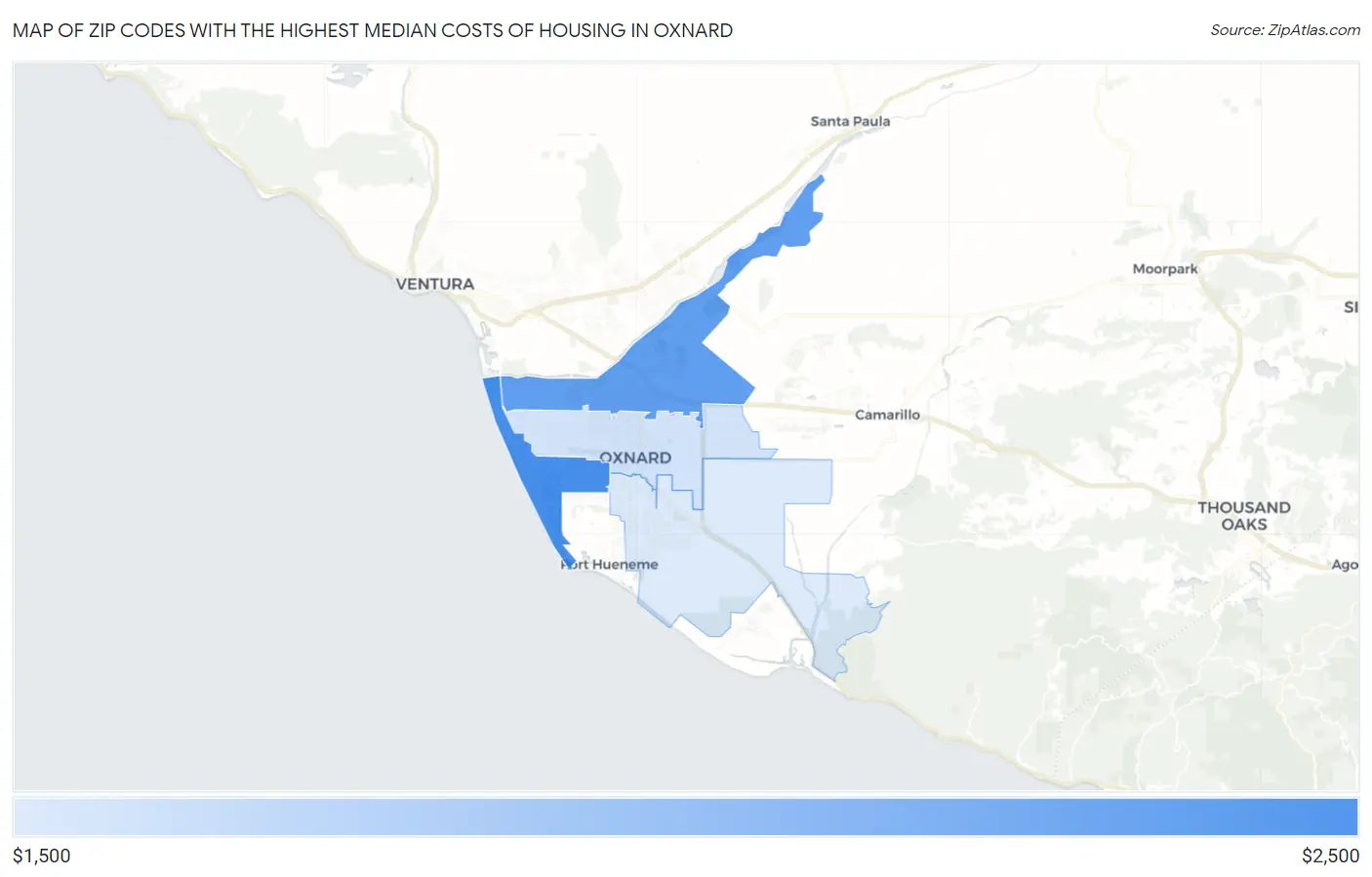 Zip Codes with the Highest Median Costs of Housing in Oxnard Map