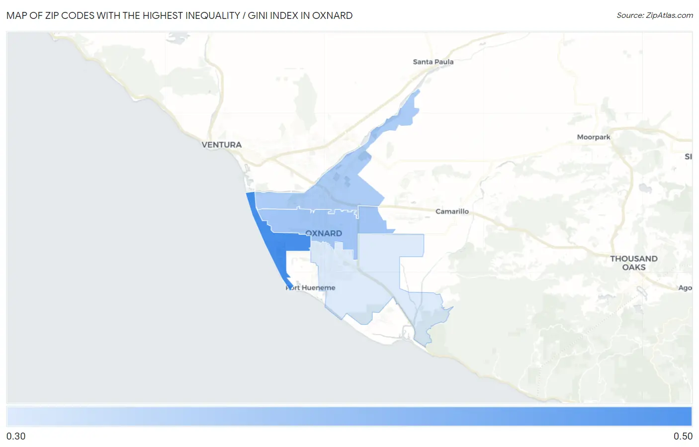 Zip Codes with the Highest Inequality / Gini Index in Oxnard Map