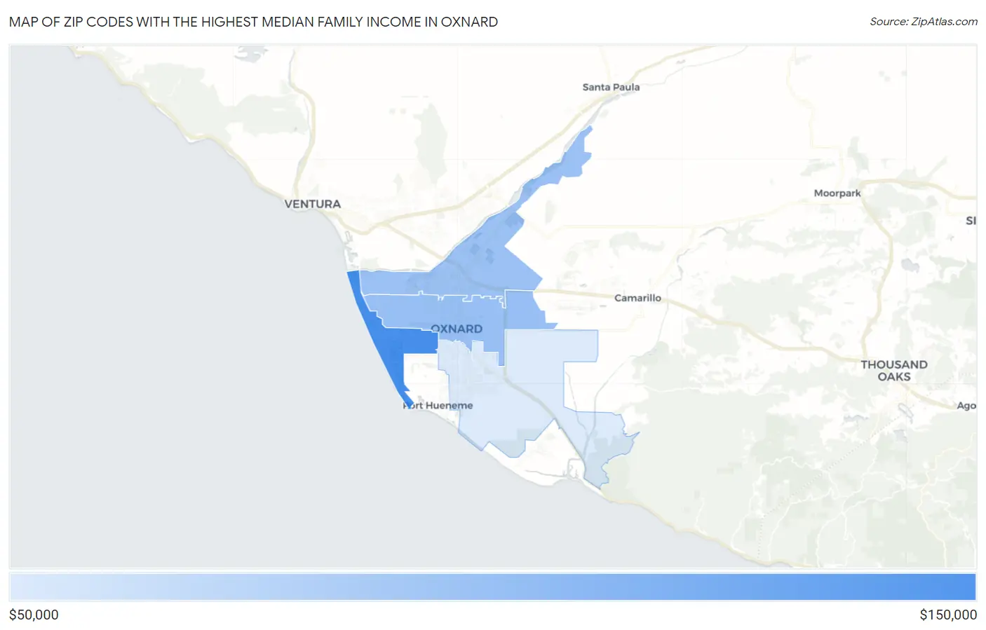 Zip Codes with the Highest Median Family Income in Oxnard Map