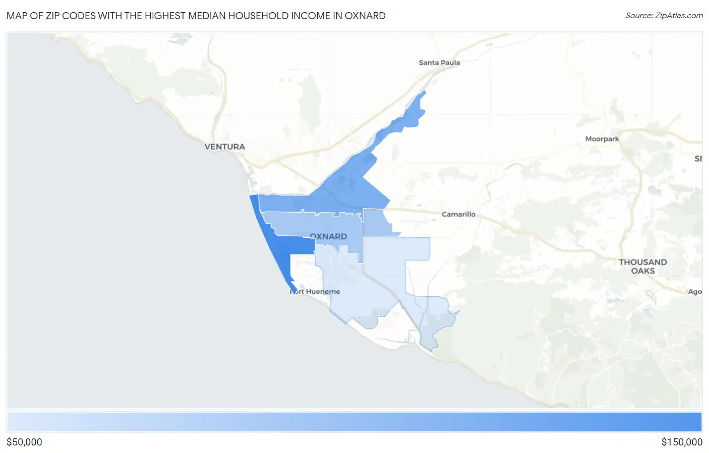 Zip Codes with the Highest Median Household Income in Oxnard Map