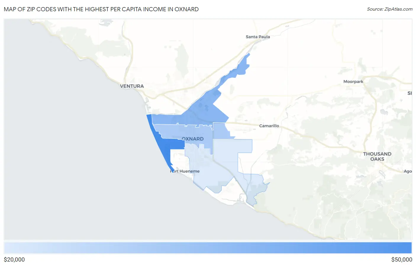 Zip Codes with the Highest Per Capita Income in Oxnard Map