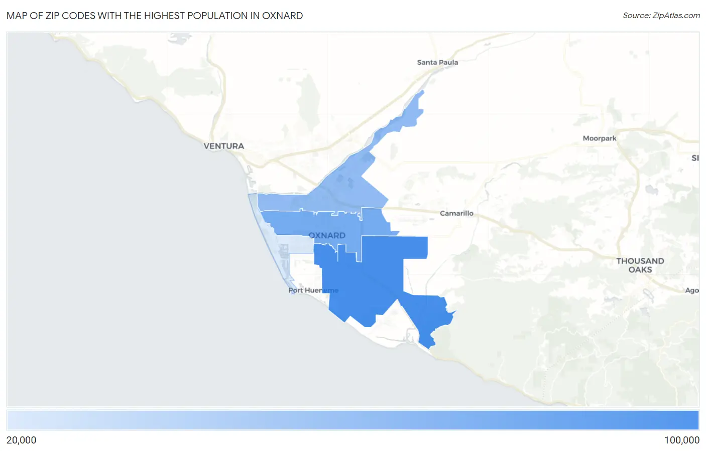 Zip Codes with the Highest Population in Oxnard Map