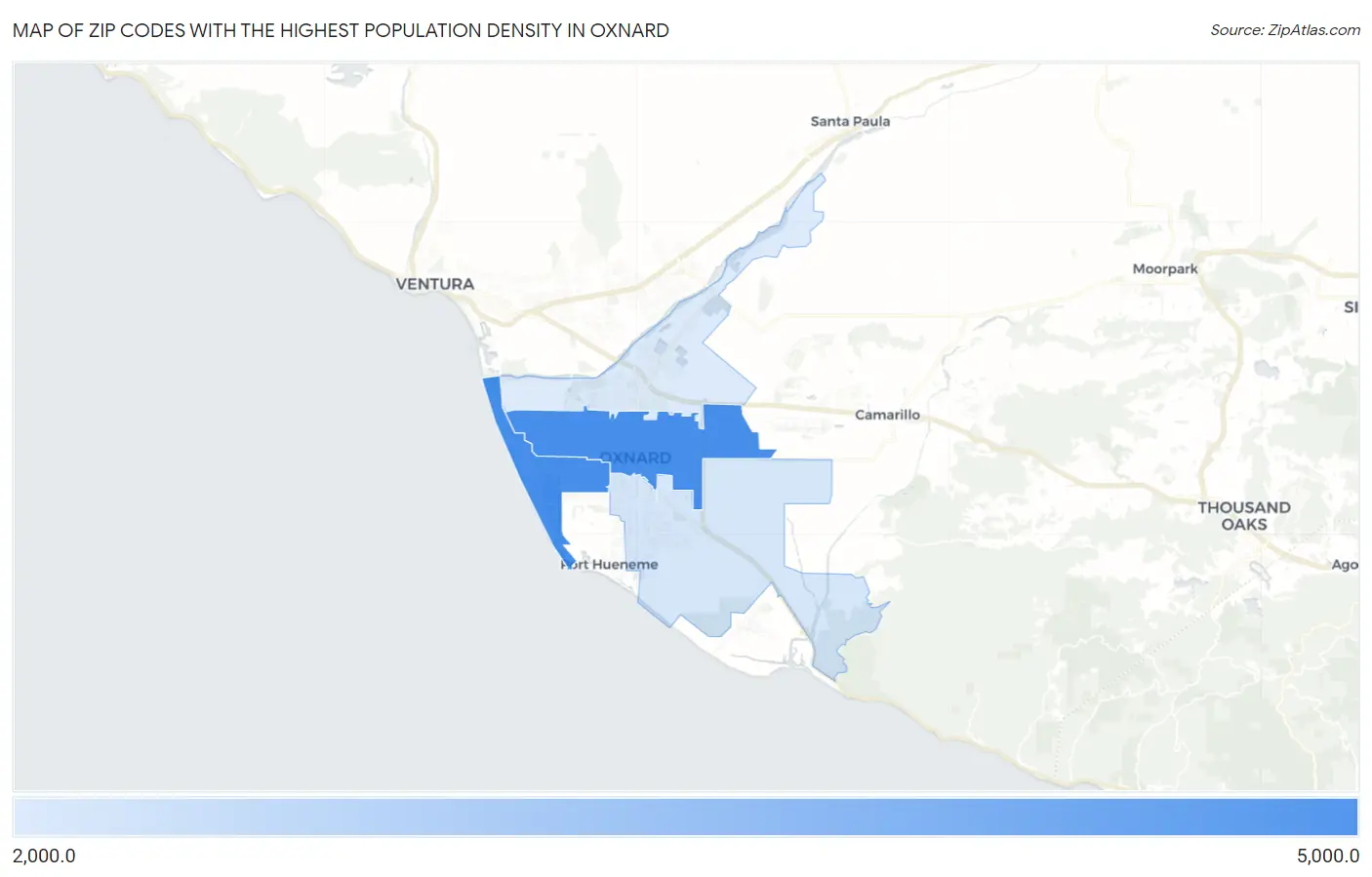 Zip Codes with the Highest Population Density in Oxnard Map