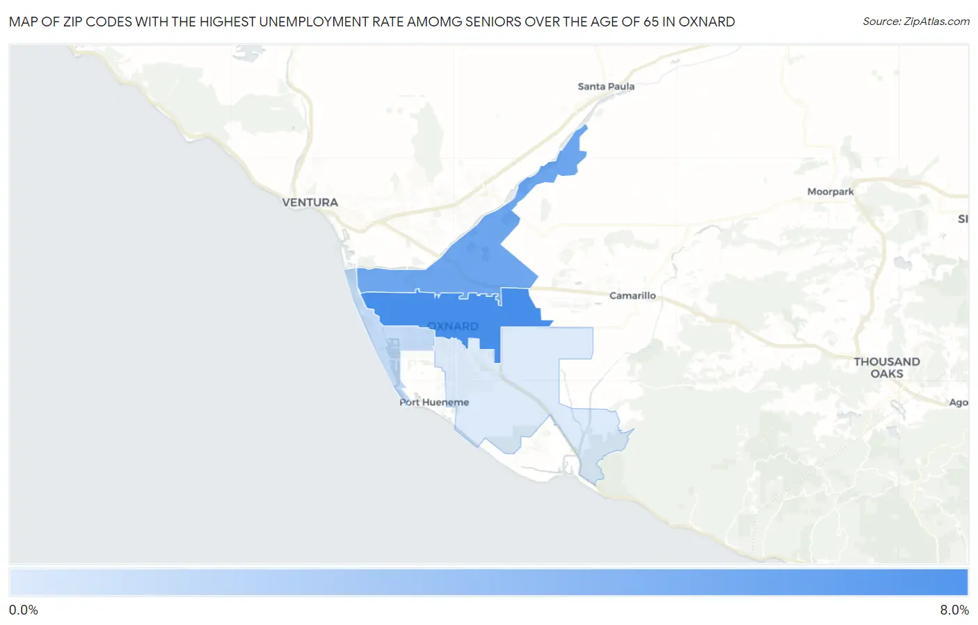Zip Codes with the Highest Unemployment Rate Amomg Seniors Over the Age of 65 in Oxnard Map