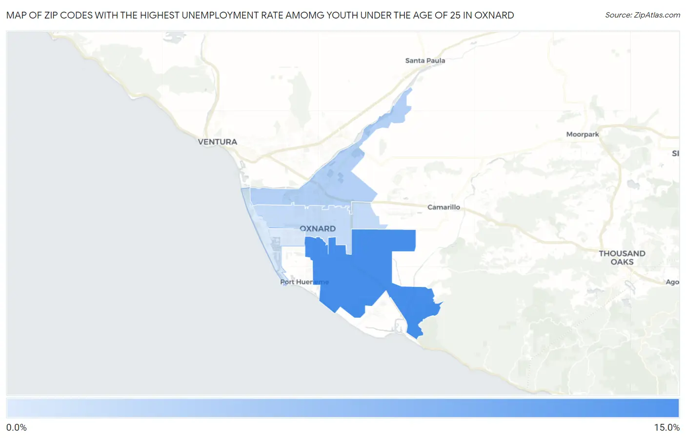 Zip Codes with the Highest Unemployment Rate Amomg Youth Under the Age of 25 in Oxnard Map