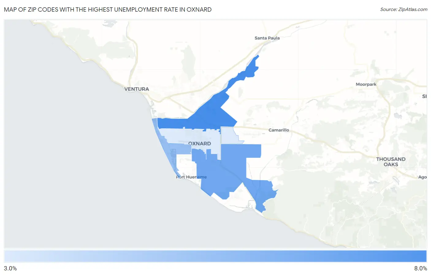 Zip Codes with the Highest Unemployment Rate in Oxnard Map