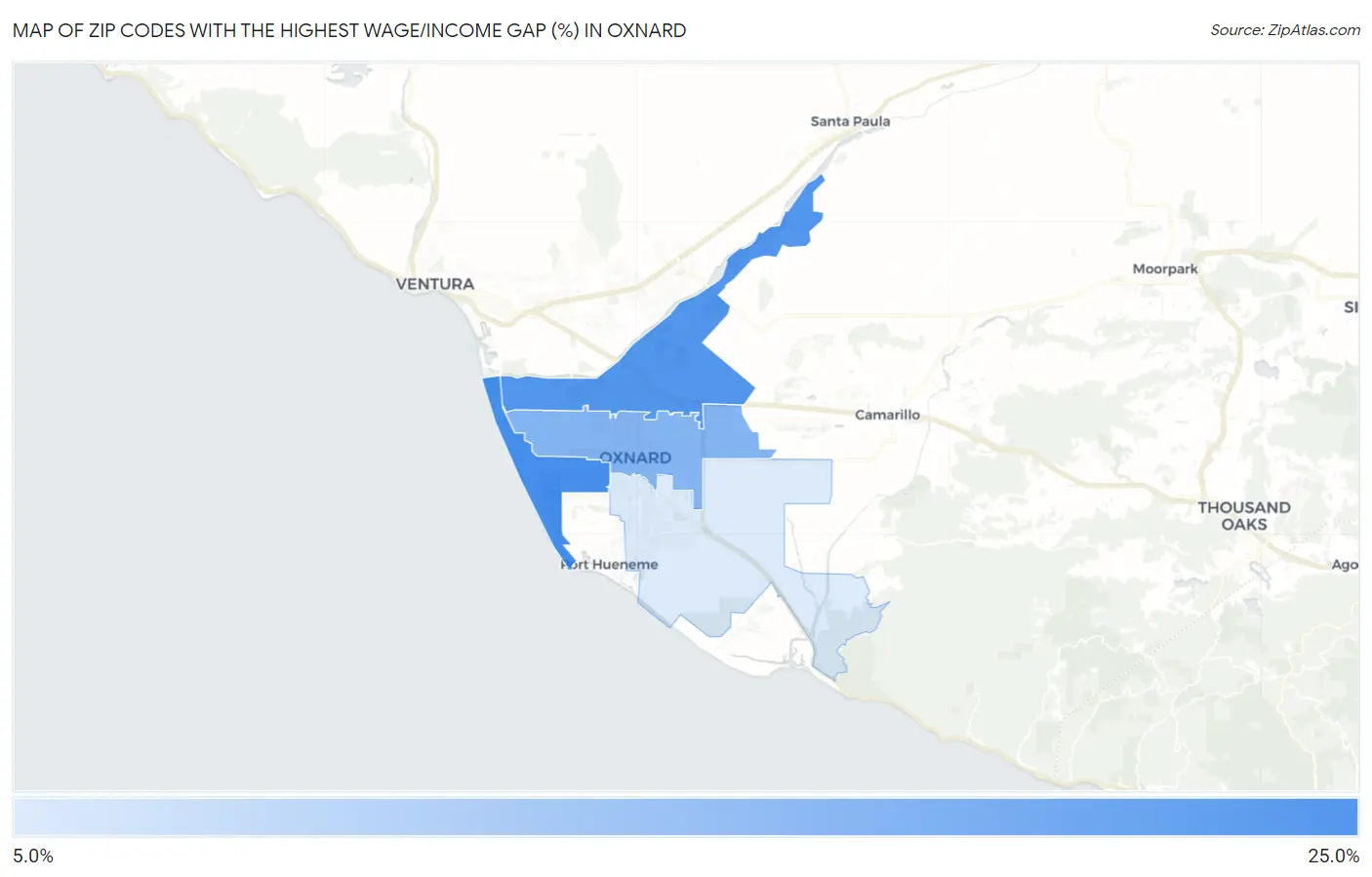 Zip Codes with the Highest Wage/Income Gap (%) in Oxnard Map