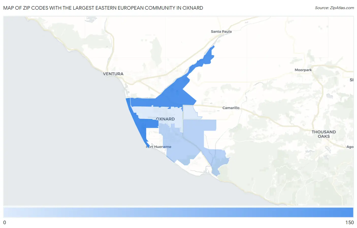 Zip Codes with the Largest Eastern European Community in Oxnard Map