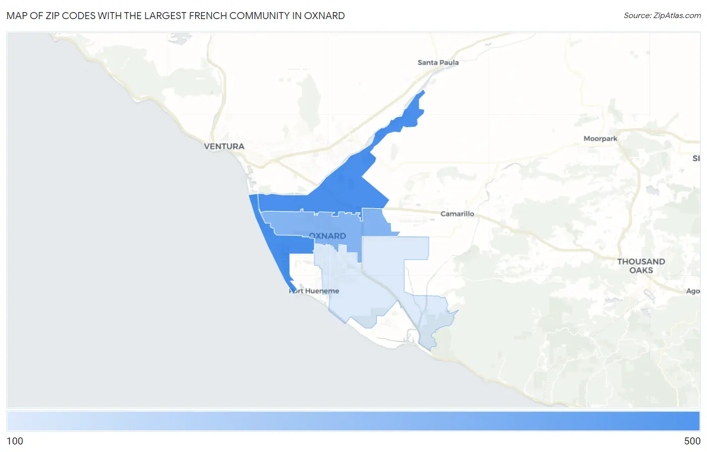 Zip Codes with the Largest French Community in Oxnard Map