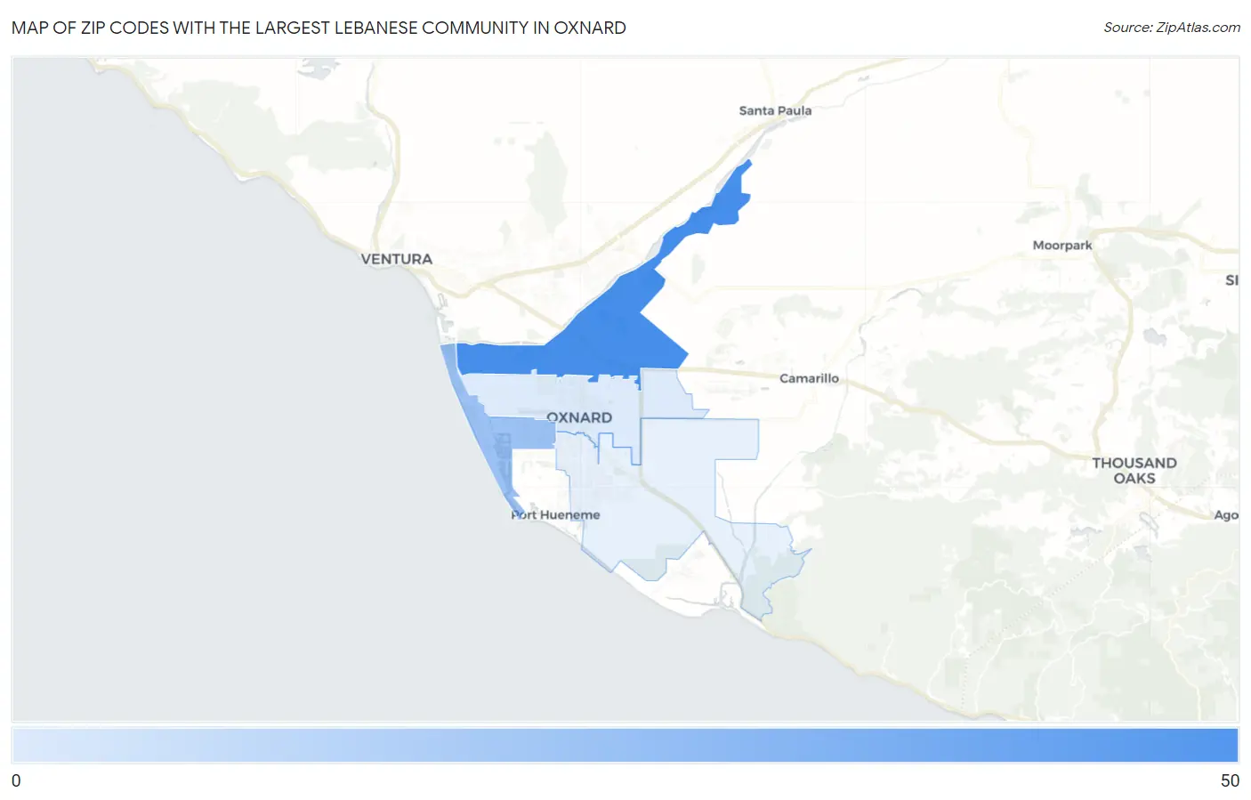 Zip Codes with the Largest Lebanese Community in Oxnard Map