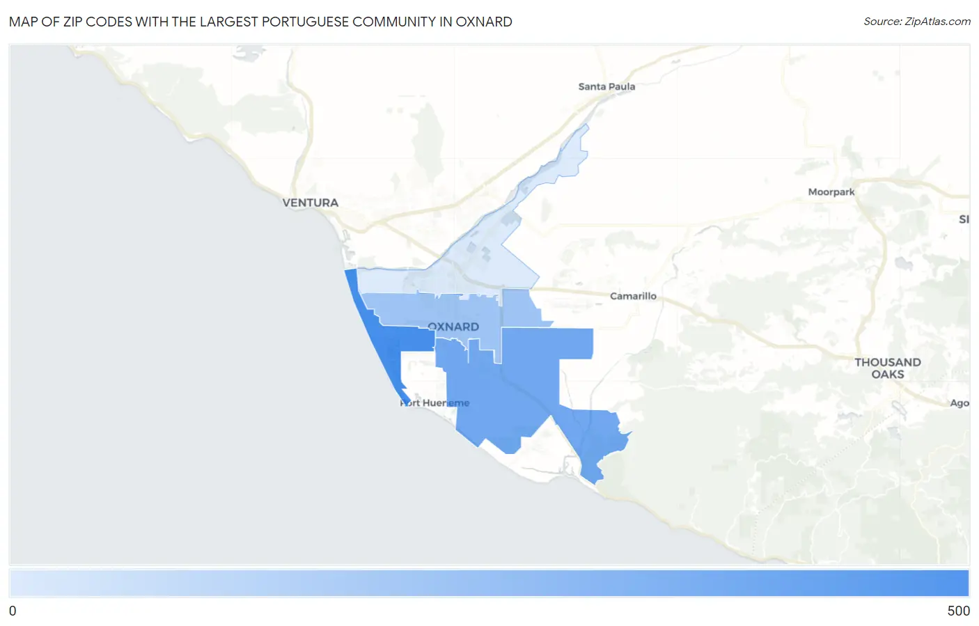 Zip Codes with the Largest Portuguese Community in Oxnard Map