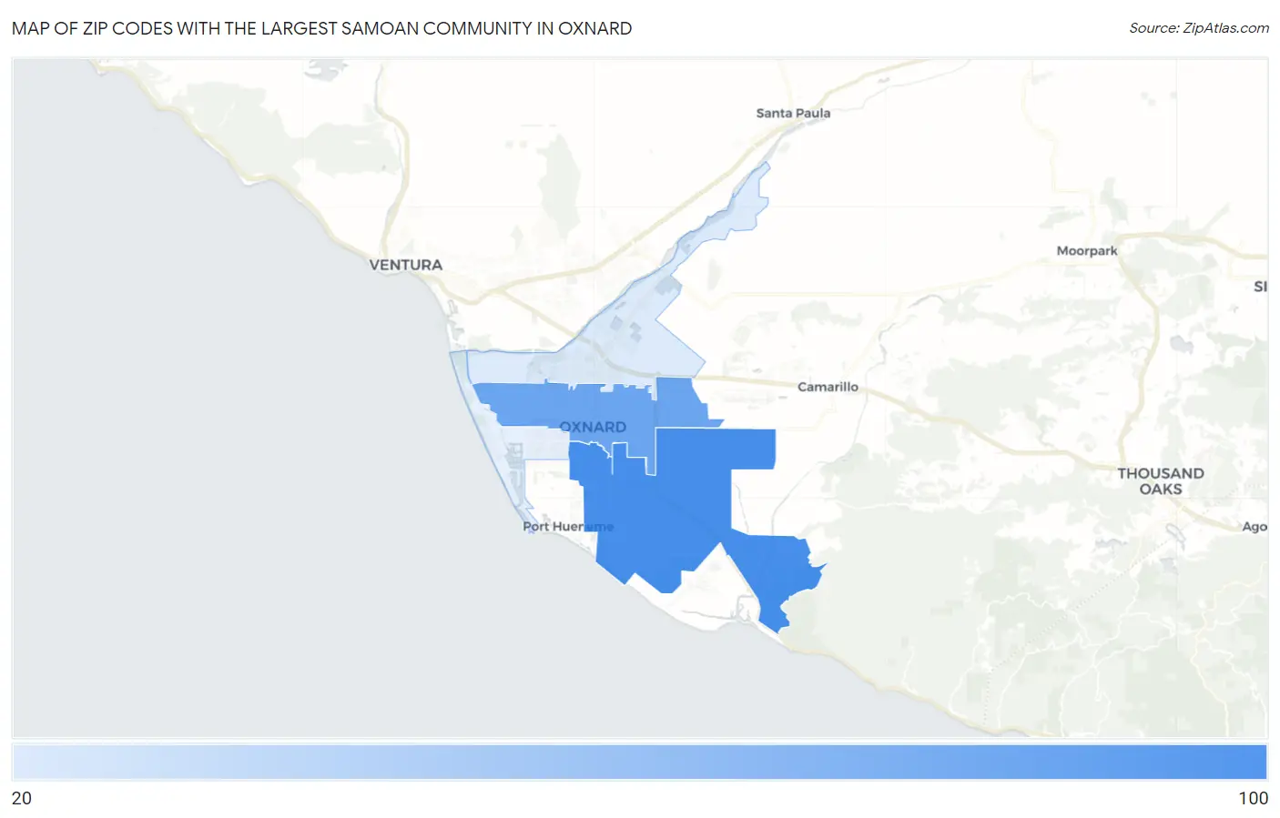 Zip Codes with the Largest Samoan Community in Oxnard Map