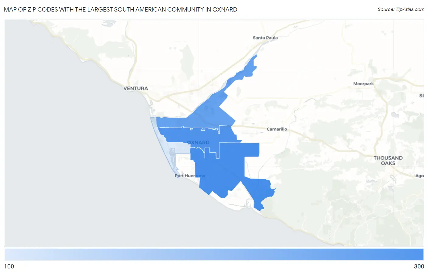 Zip Codes with the Largest South American Community in Oxnard Map