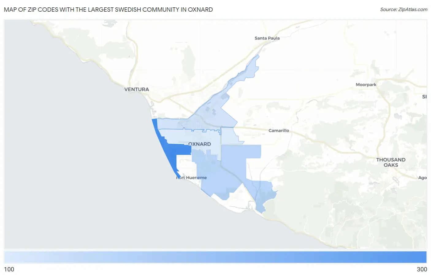 Zip Codes with the Largest Swedish Community in Oxnard Map