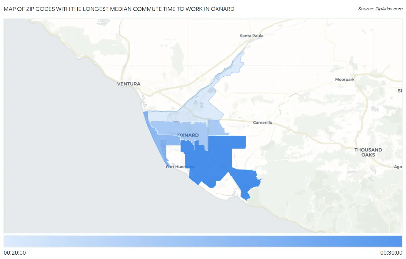 Zip Codes with the Longest Median Commute Time to Work in Oxnard Map