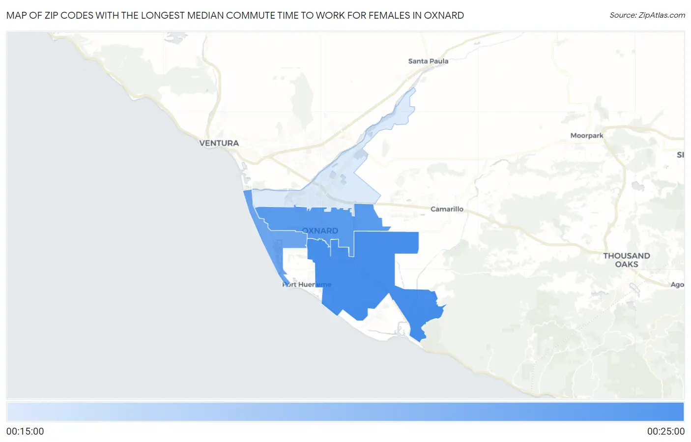 Zip Codes with the Longest Median Commute Time to Work for Females in Oxnard Map