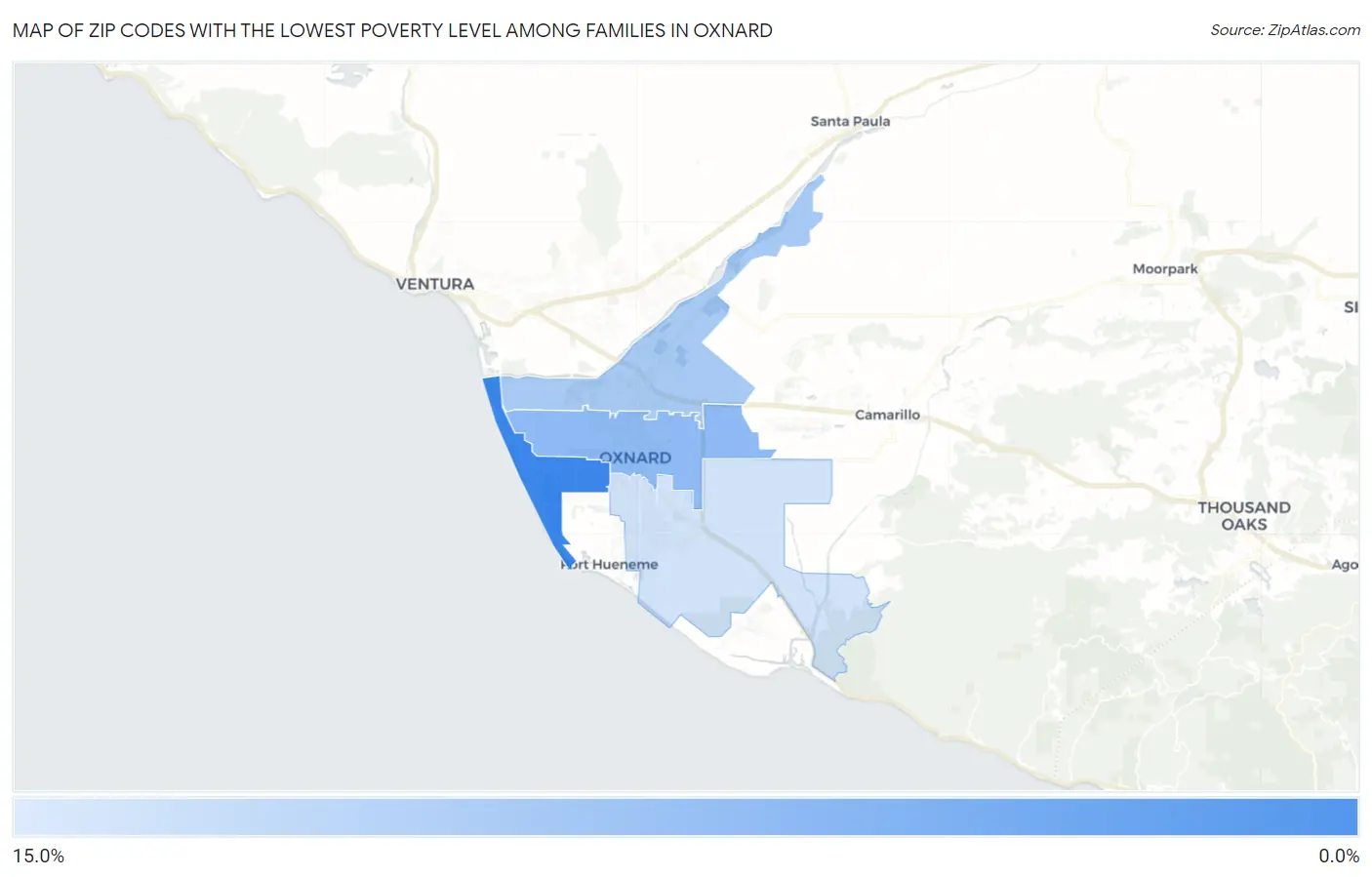 Zip Codes with the Lowest Poverty Level Among Families in Oxnard Map