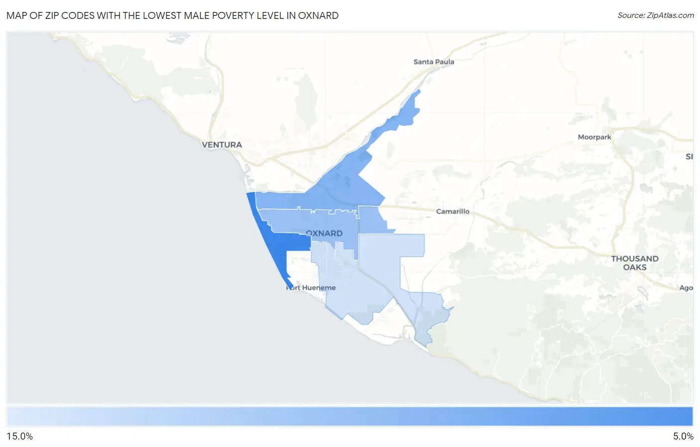Zip Codes with the Lowest Male Poverty Level in Oxnard Map