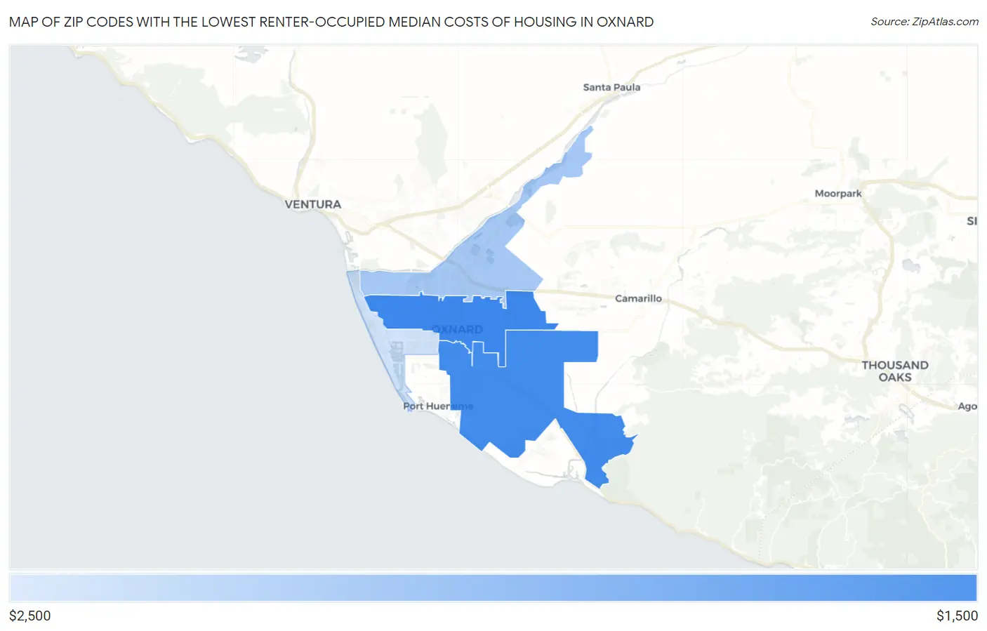 Zip Codes with the Lowest Renter-Occupied Median Costs of Housing in Oxnard Map