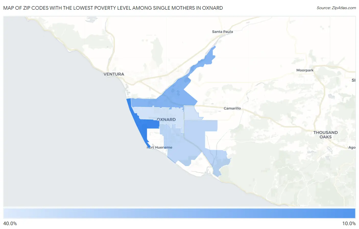 Zip Codes with the Lowest Poverty Level Among Single Mothers in Oxnard Map