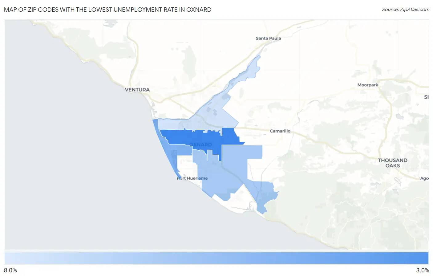 Zip Codes with the Lowest Unemployment Rate in Oxnard Map