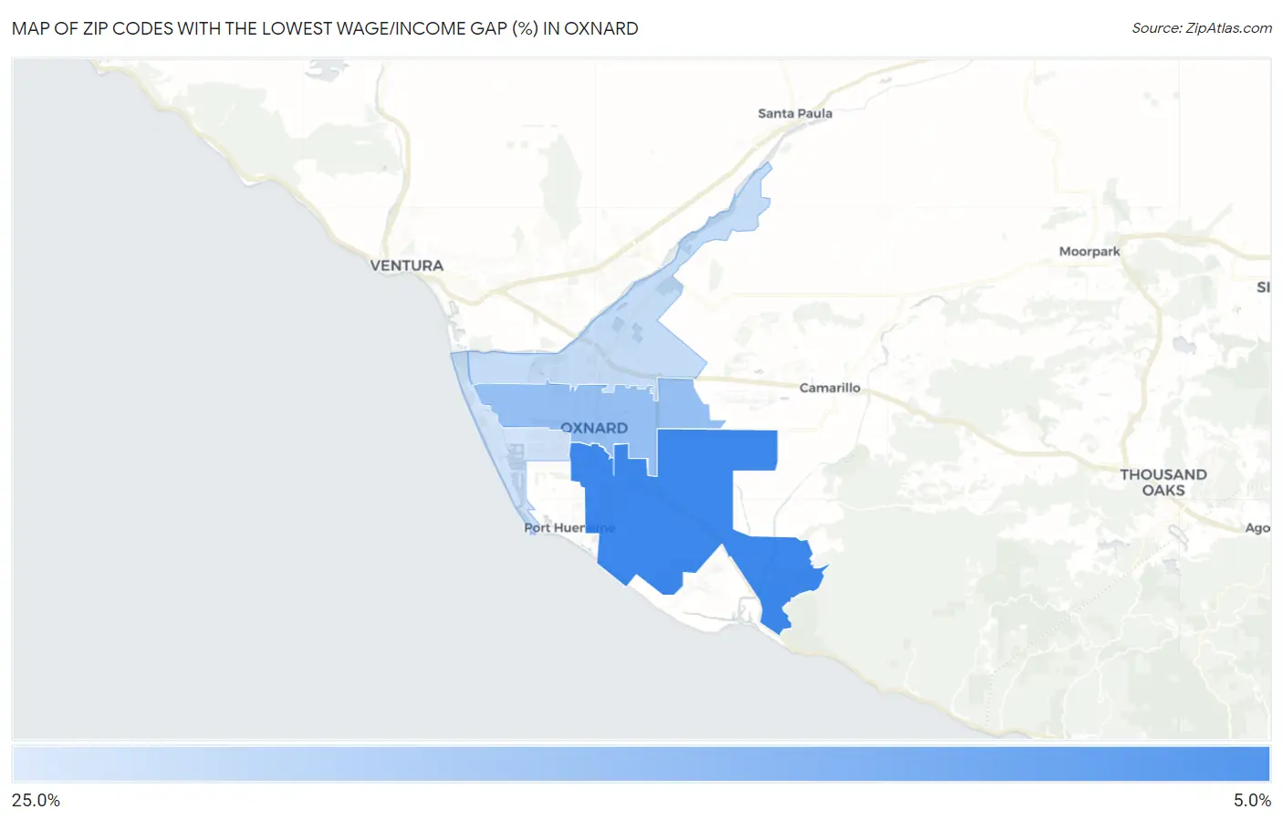 Zip Codes with the Lowest Wage/Income Gap (%) in Oxnard Map