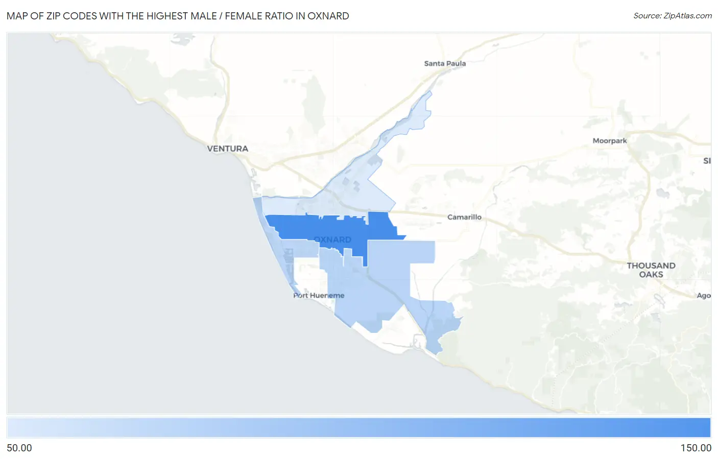 Zip Codes with the Highest Male / Female Ratio in Oxnard Map