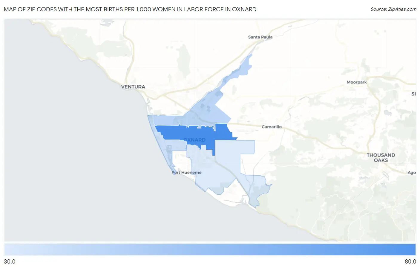 Zip Codes with the Most Births per 1,000 Women in Labor Force in Oxnard Map