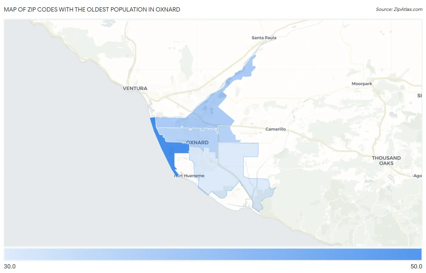 Zip Codes with the Oldest Population in Oxnard Map