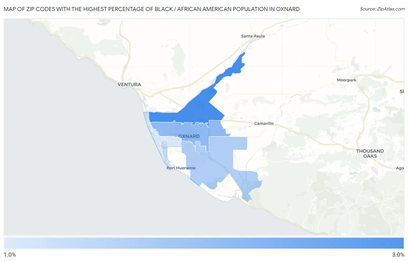Zip Codes with the Highest Percentage of Black / African American Population in Oxnard Map