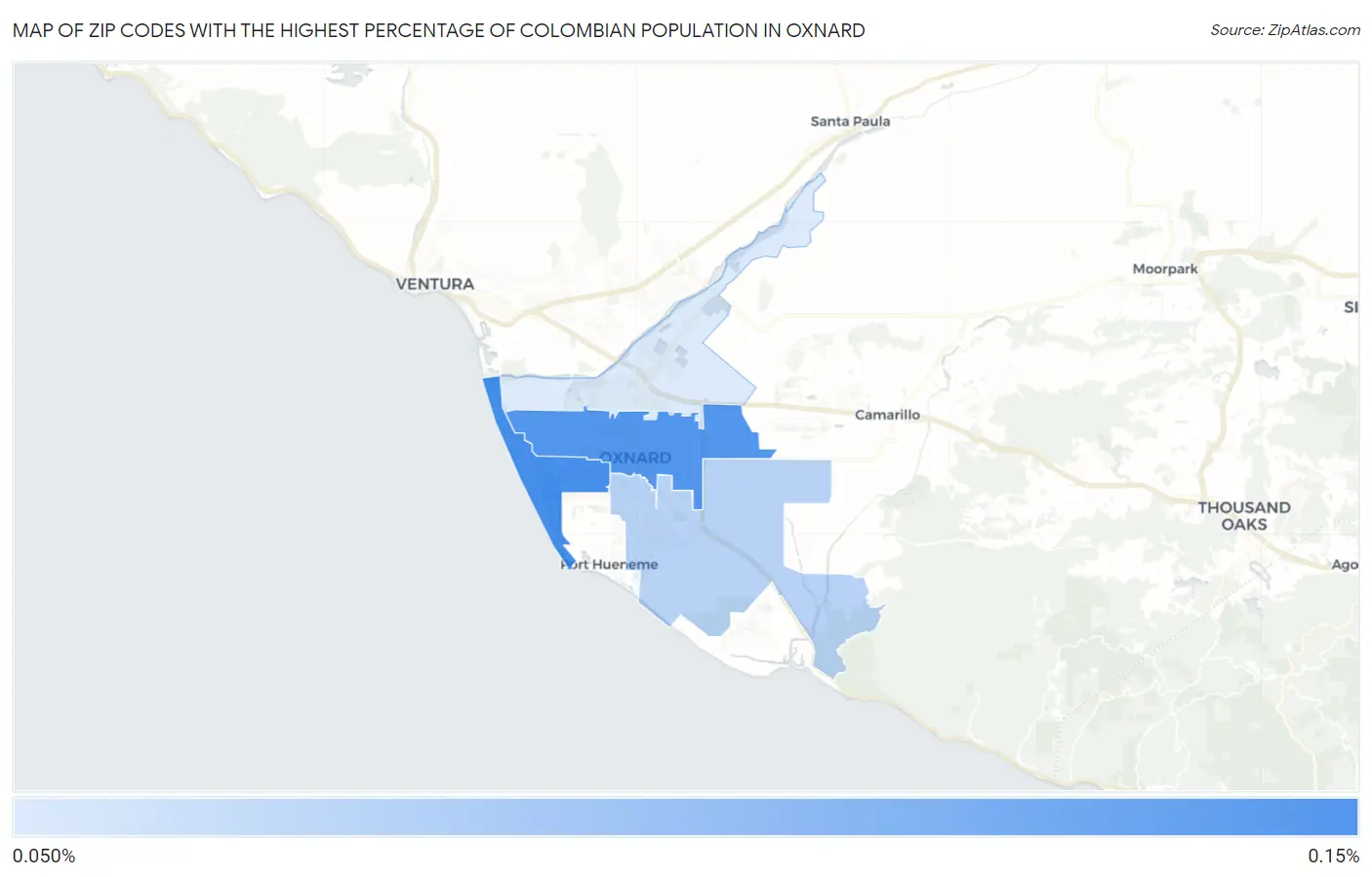 Zip Codes with the Highest Percentage of Colombian Population in Oxnard Map