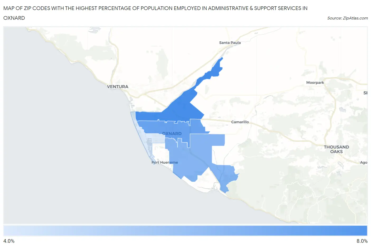 Zip Codes with the Highest Percentage of Population Employed in Administrative & Support Services in Oxnard Map