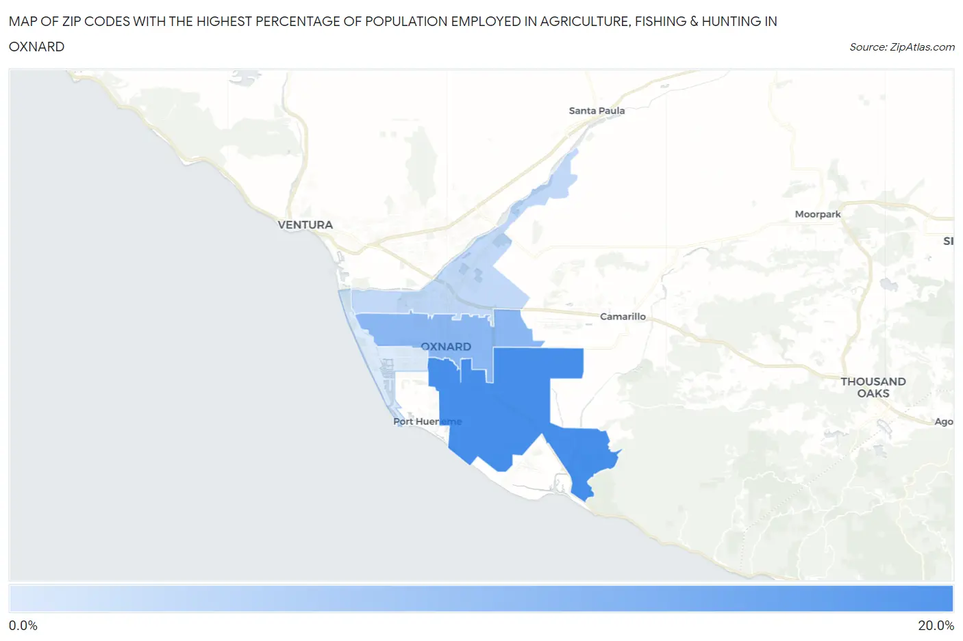 Zip Codes with the Highest Percentage of Population Employed in Agriculture, Fishing & Hunting in Oxnard Map