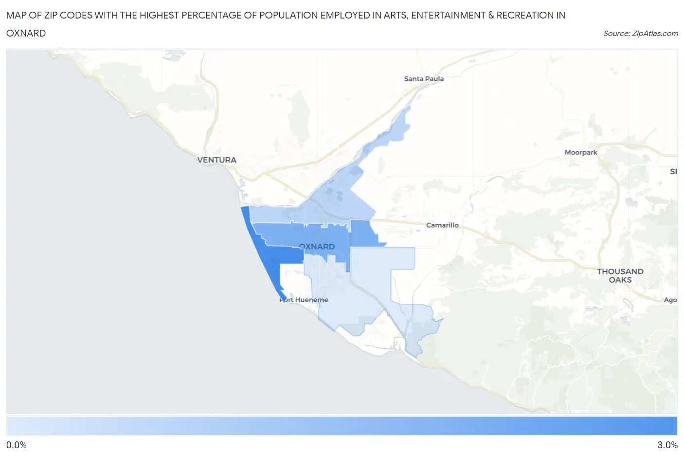 Zip Codes with the Highest Percentage of Population Employed in Arts, Entertainment & Recreation in Oxnard Map