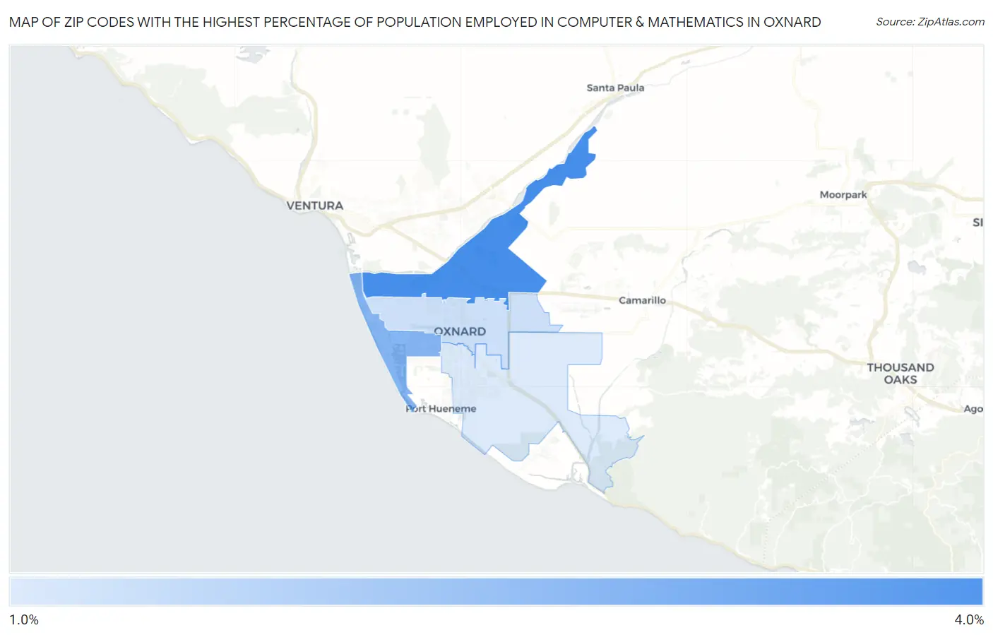 Zip Codes with the Highest Percentage of Population Employed in Computer & Mathematics in Oxnard Map