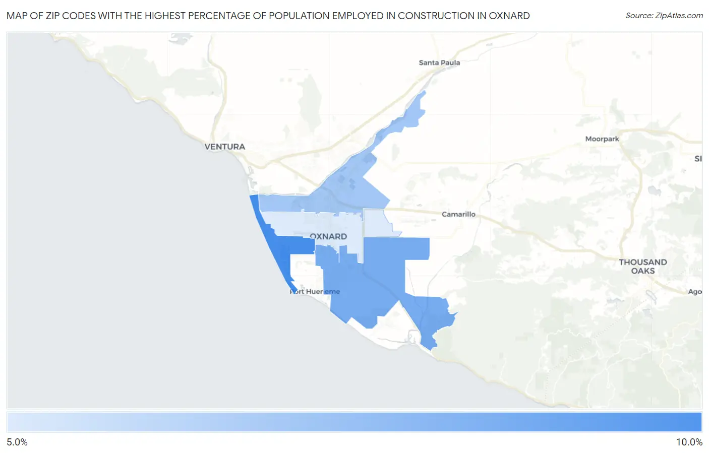 Zip Codes with the Highest Percentage of Population Employed in Construction in Oxnard Map
