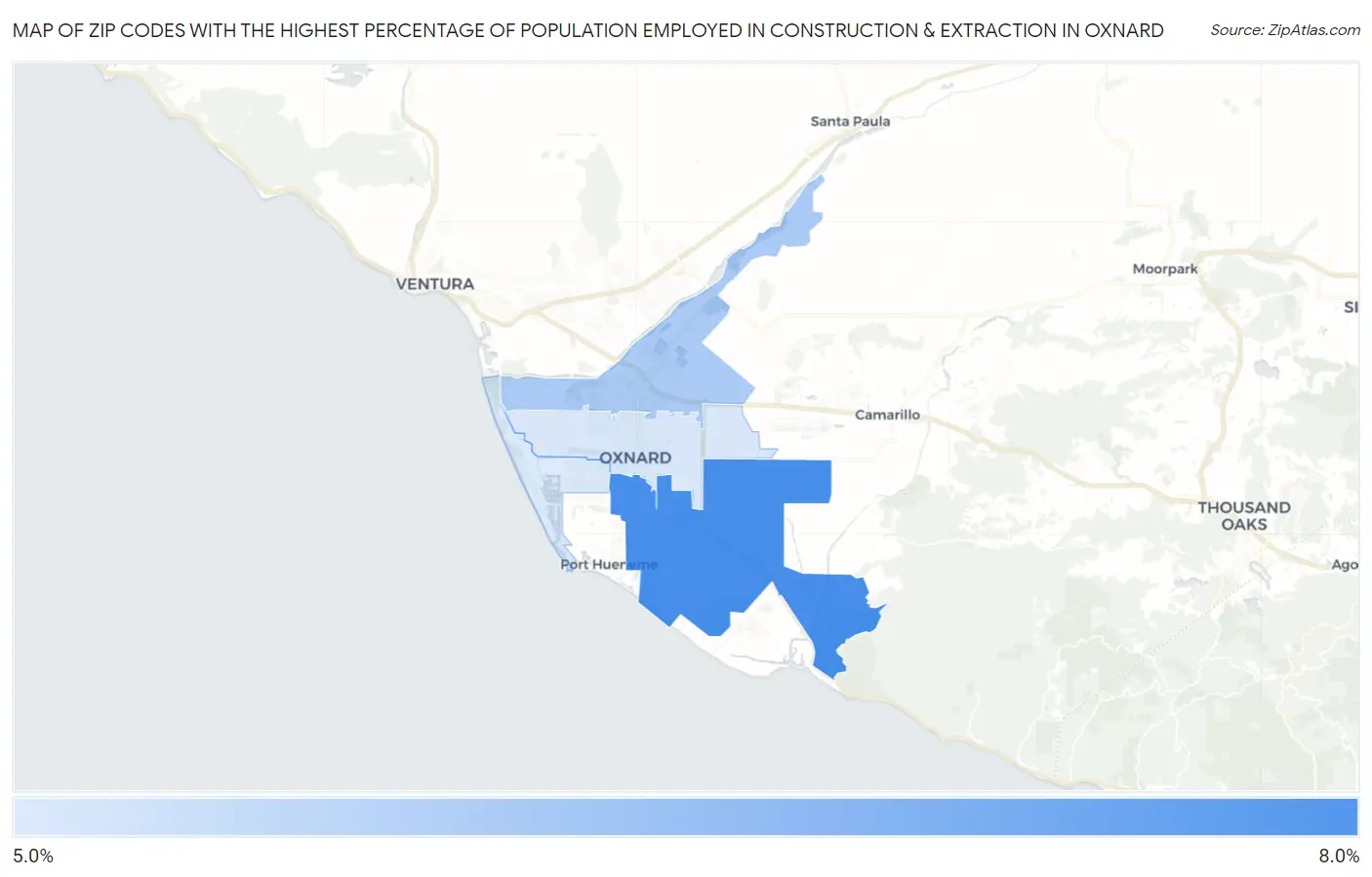 Zip Codes with the Highest Percentage of Population Employed in Construction & Extraction in Oxnard Map