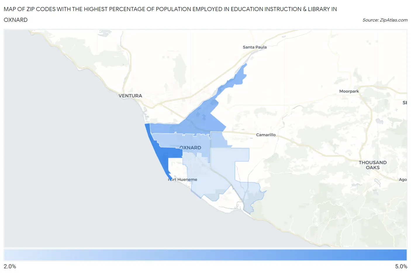 Zip Codes with the Highest Percentage of Population Employed in Education Instruction & Library in Oxnard Map