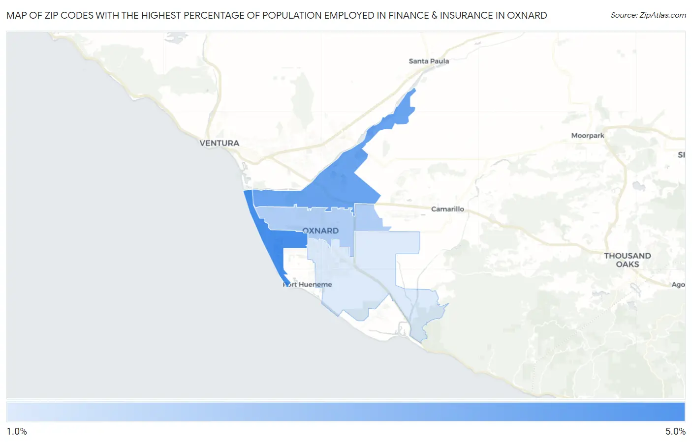 Zip Codes with the Highest Percentage of Population Employed in Finance & Insurance in Oxnard Map