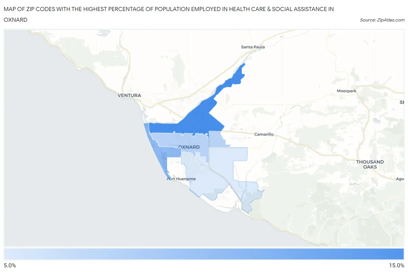 Zip Codes with the Highest Percentage of Population Employed in Health Care & Social Assistance in Oxnard Map