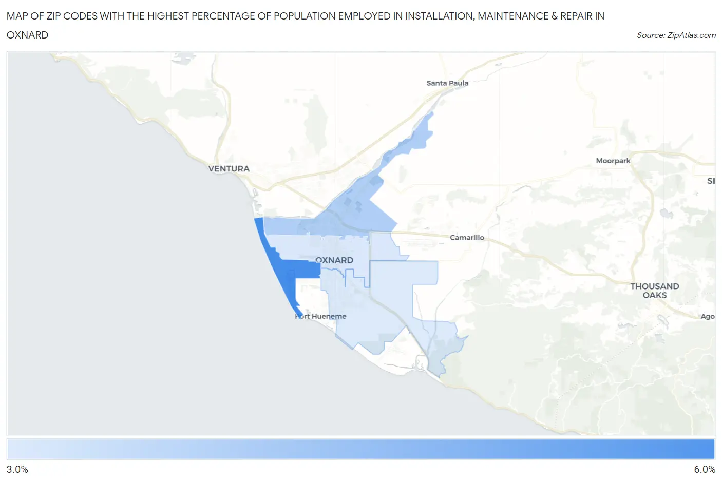 Zip Codes with the Highest Percentage of Population Employed in Installation, Maintenance & Repair in Oxnard Map