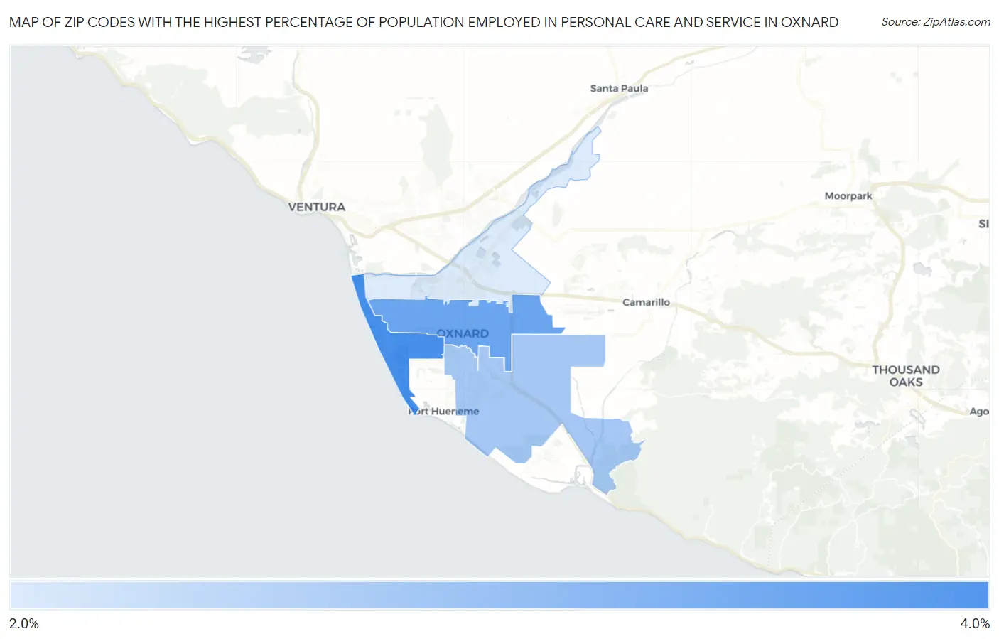 Zip Codes with the Highest Percentage of Population Employed in Personal Care and Service in Oxnard Map