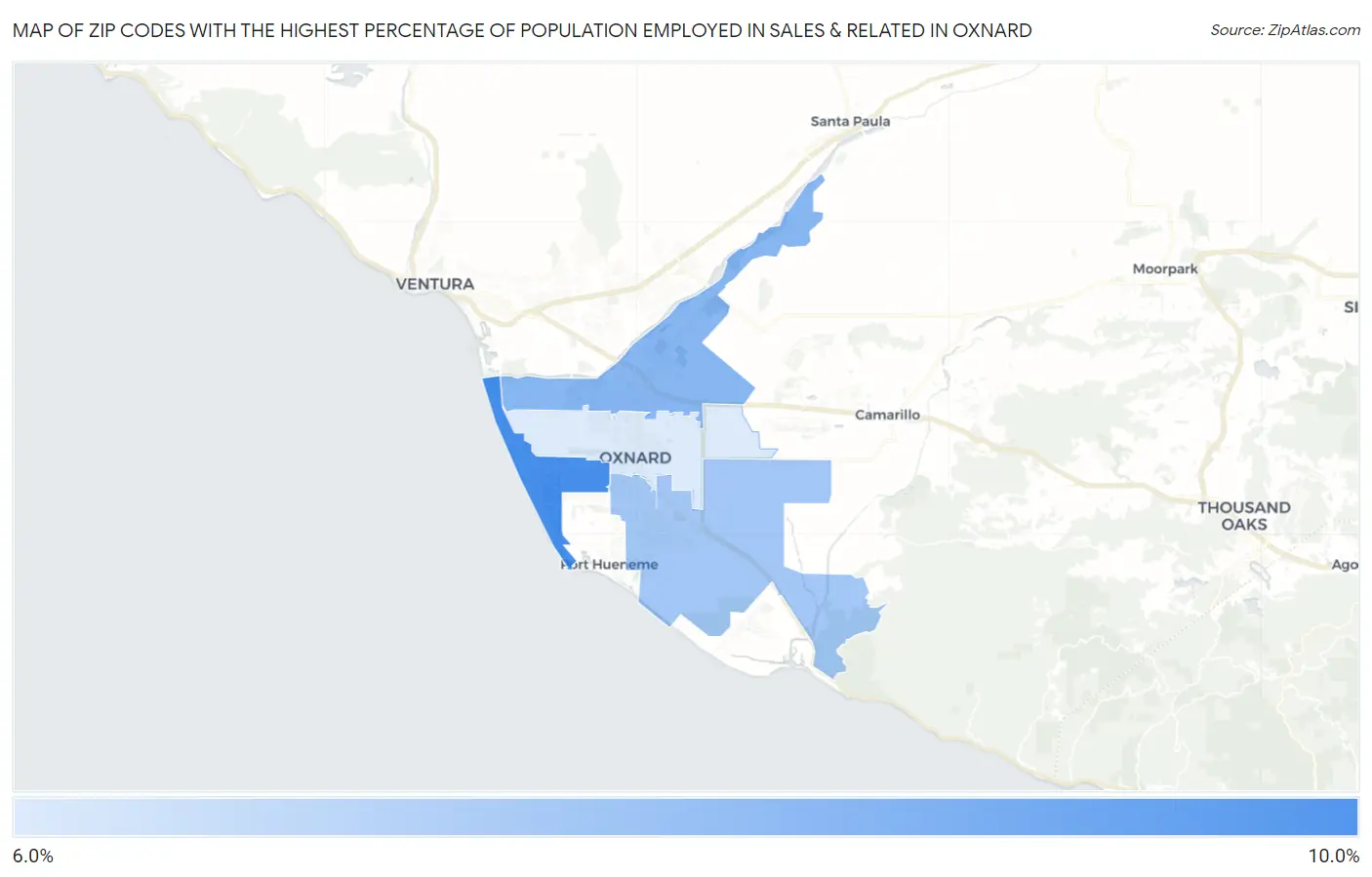 Zip Codes with the Highest Percentage of Population Employed in Sales & Related in Oxnard Map