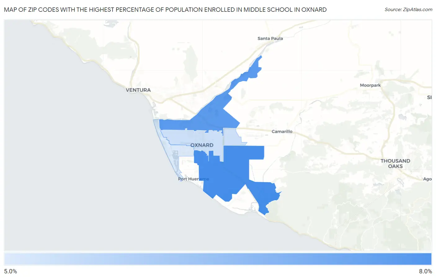 Zip Codes with the Highest Percentage of Population Enrolled in Middle School in Oxnard Map