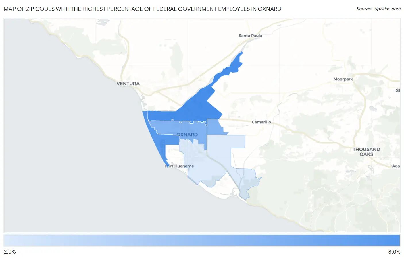Zip Codes with the Highest Percentage of Federal Government Employees in Oxnard Map