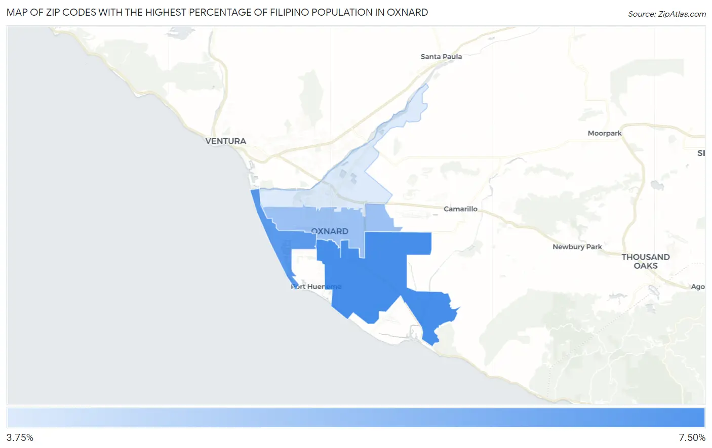 Zip Codes with the Highest Percentage of Filipino Population in Oxnard Map
